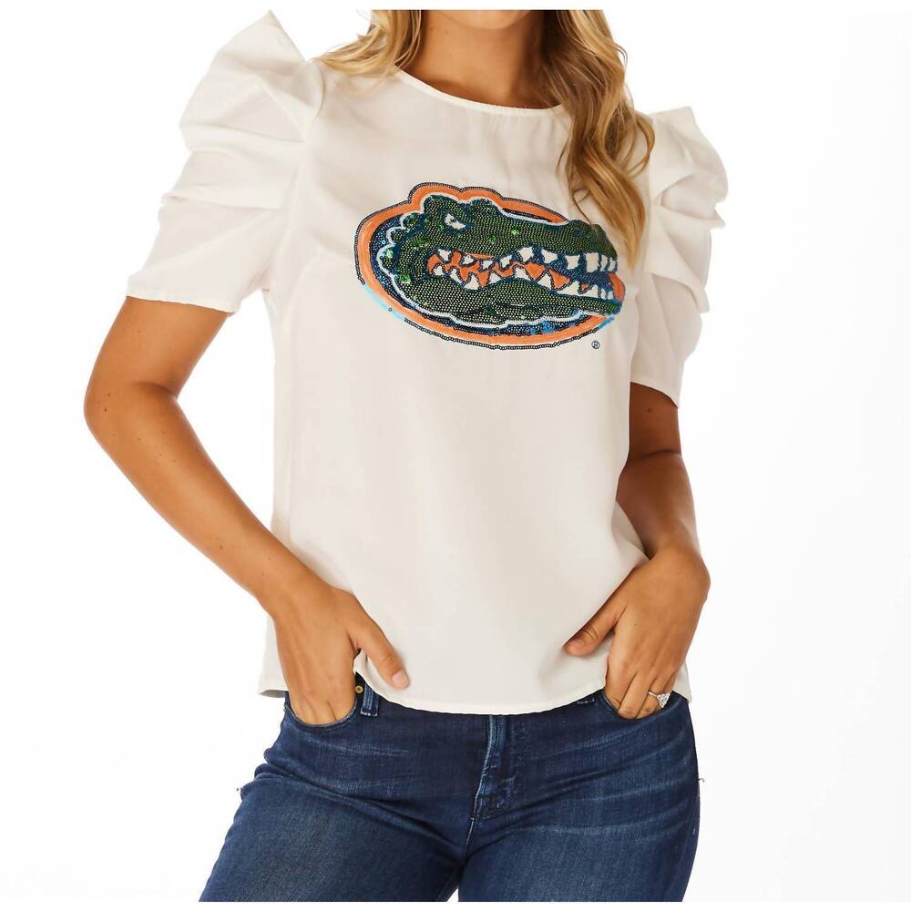 NEW STEWART SIMMONS florida sequin puff sleeve shirt in white